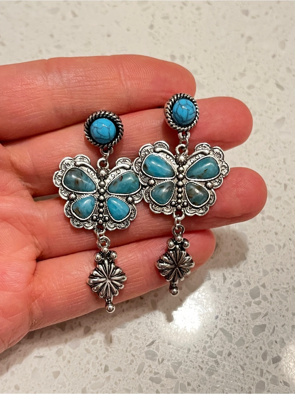 Faux Turquoise Butterfly Drop Earrings western style